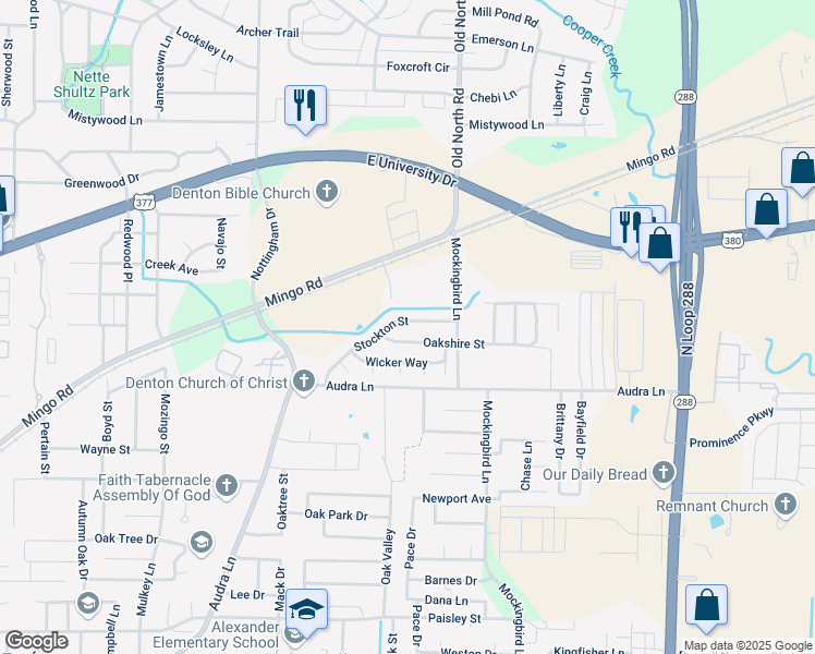 map of restaurants, bars, coffee shops, grocery stores, and more near 2921 Stockton Street in Denton
