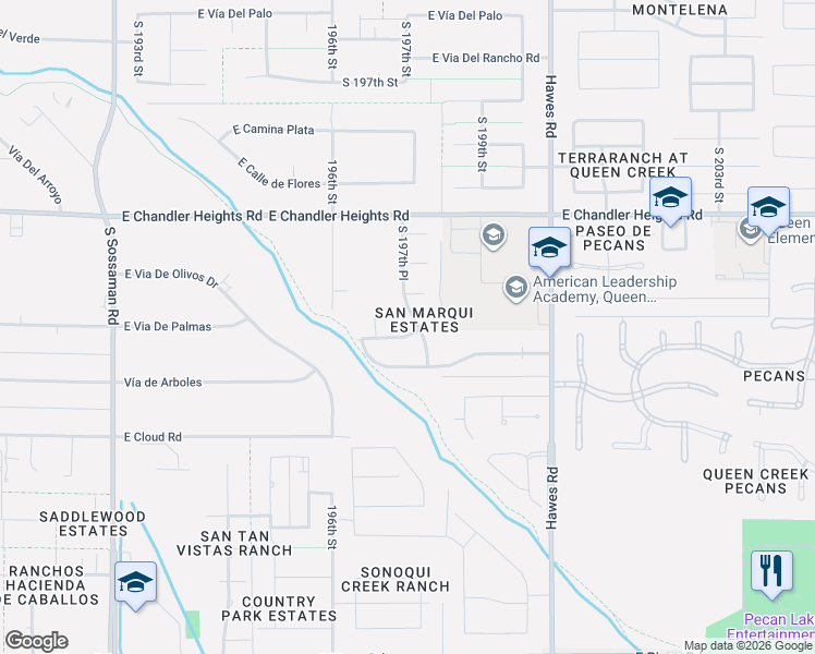 map of restaurants, bars, coffee shops, grocery stores, and more near 19761 East Pecan Lane in Queen Creek