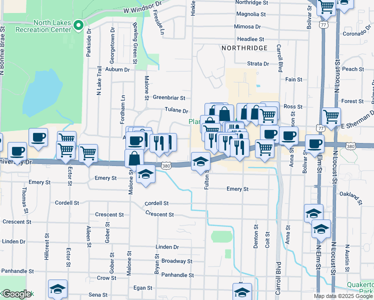 map of restaurants, bars, coffee shops, grocery stores, and more near 1201 Amherst Drive in Denton
