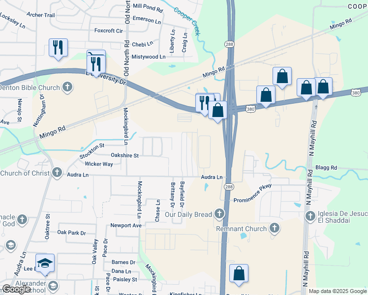 map of restaurants, bars, coffee shops, grocery stores, and more near 1320 Bayfield Drive in Denton
