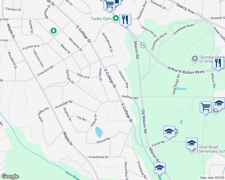 map of restaurants, bars, coffee shops, grocery stores, and more near 1013 East College Street in Griffin