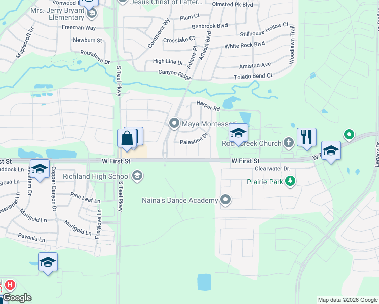 map of restaurants, bars, coffee shops, grocery stores, and more near 1308 Corona Court in Prosper
