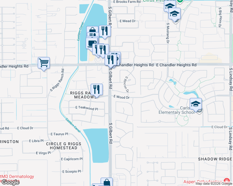 map of restaurants, bars, coffee shops, grocery stores, and more near 3020 East Mahogany Place in Chandler