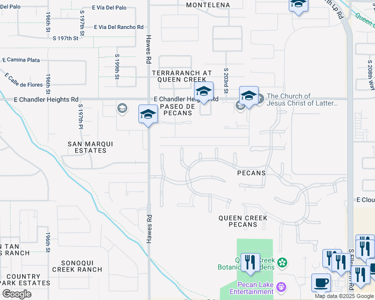 map of restaurants, bars, coffee shops, grocery stores, and more near 20173 East Pecan Lane in Queen Creek