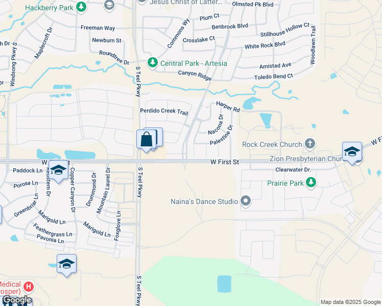 map of restaurants, bars, coffee shops, grocery stores, and more near 1325 Jennings Court in Prosper