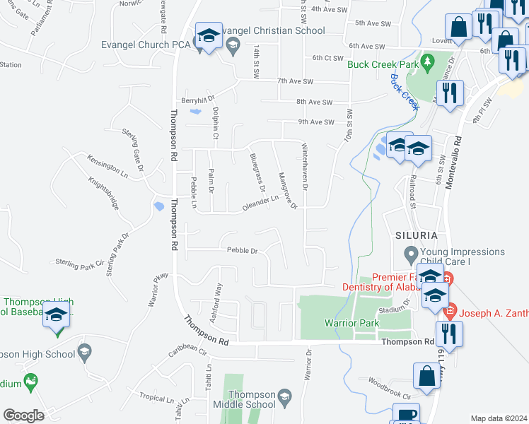 map of restaurants, bars, coffee shops, grocery stores, and more near 148 Bluegrass Drive in Alabaster