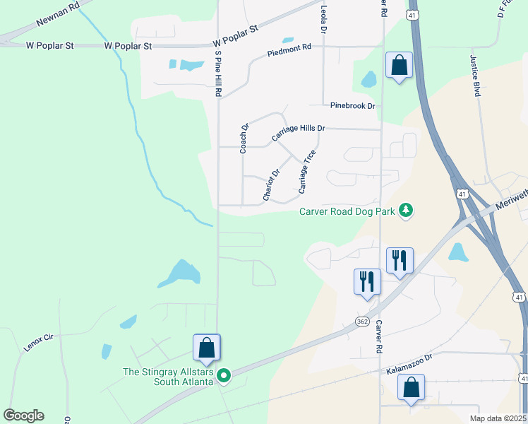 map of restaurants, bars, coffee shops, grocery stores, and more near 142 Carriage Trce in Griffin