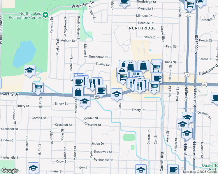 map of restaurants, bars, coffee shops, grocery stores, and more near 1201 Amherst Drive in Denton