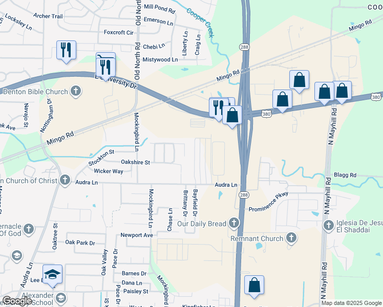map of restaurants, bars, coffee shops, grocery stores, and more near 1319 Bayfield Drive in Denton