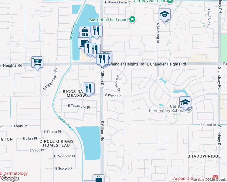 map of restaurants, bars, coffee shops, grocery stores, and more near 3080 East Mahogany Place in Chandler