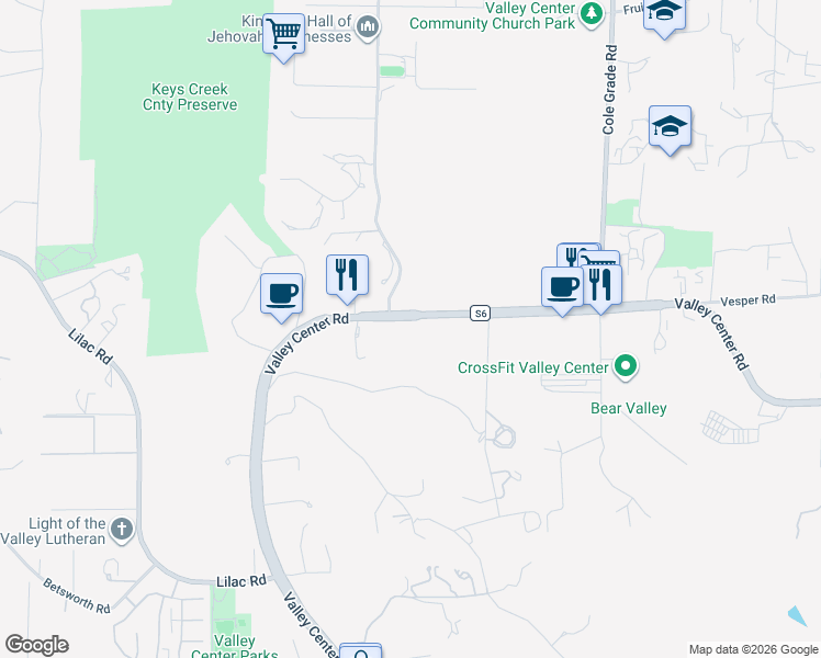 map of restaurants, bars, coffee shops, grocery stores, and more near 28758-28800 Valley Center Road in Valley Center