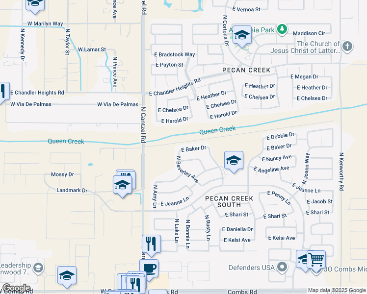 map of restaurants, bars, coffee shops, grocery stores, and more near 586 East Baker Drive in Queen Creek