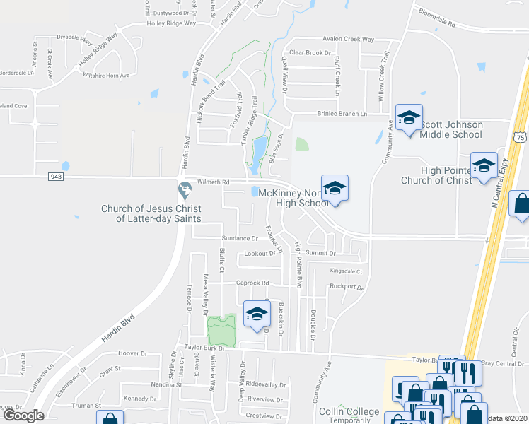 map of restaurants, bars, coffee shops, grocery stores, and more near 2925 Frontier Lane in McKinney
