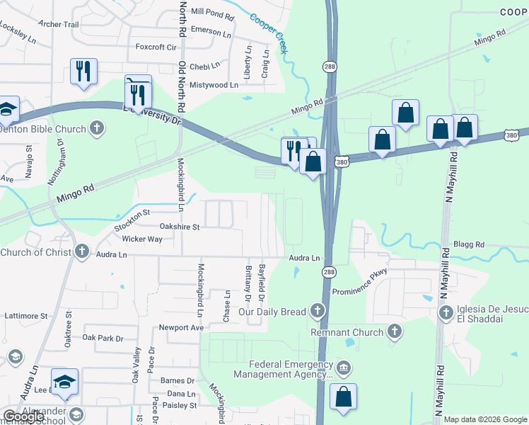 map of restaurants, bars, coffee shops, grocery stores, and more near 1324 Bayfield Drive in Denton