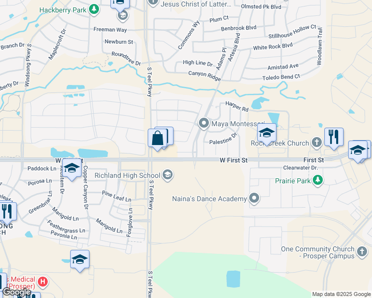 map of restaurants, bars, coffee shops, grocery stores, and more near 16012 Aquilla Way in Prosper