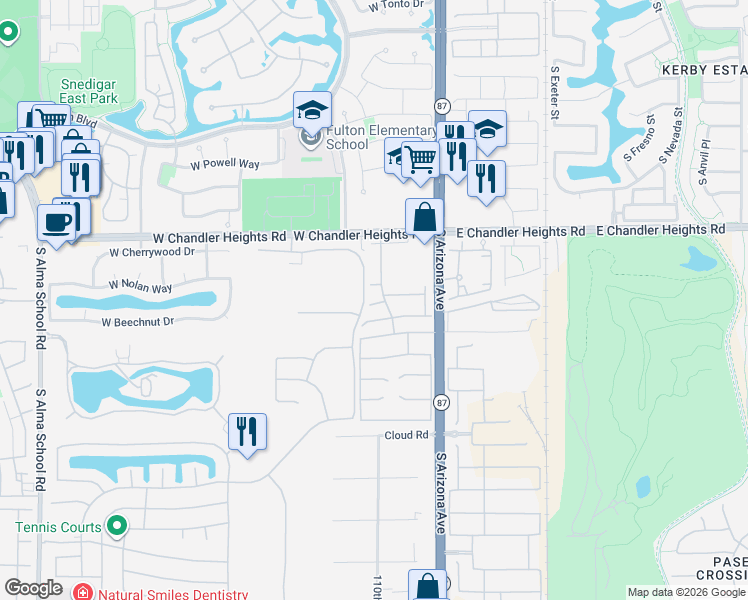 map of restaurants, bars, coffee shops, grocery stores, and more near 233 West Nolan Way in Chandler