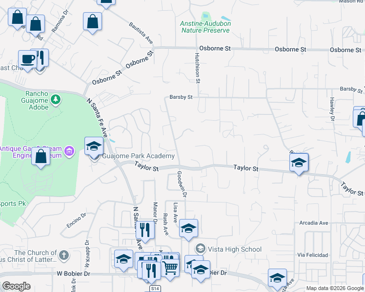 map of restaurants, bars, coffee shops, grocery stores, and more near 2011 Goodwin Drive in Vista