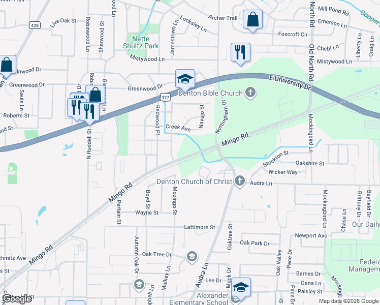 map of restaurants, bars, coffee shops, grocery stores, and more near 1914 Kiowa in Denton