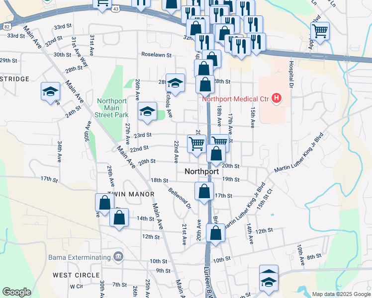 map of restaurants, bars, coffee shops, grocery stores, and more near 2112 22nd Street in Northport
