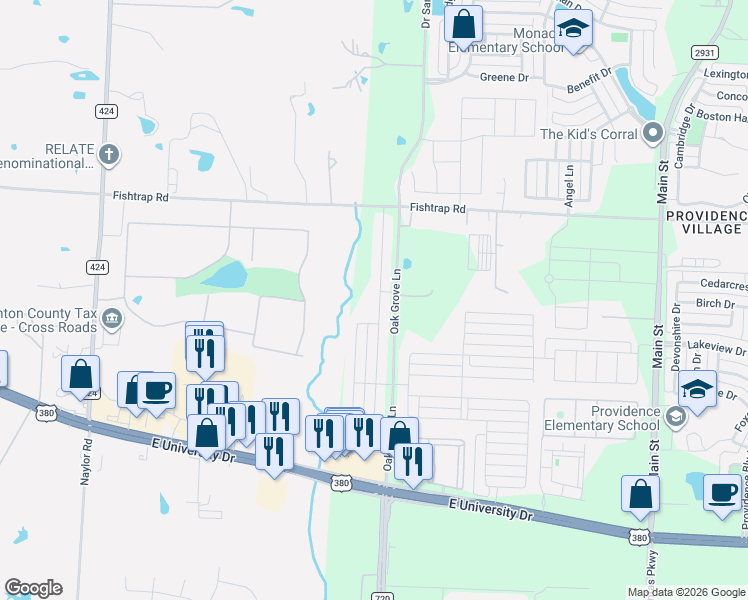 map of restaurants, bars, coffee shops, grocery stores, and more near 1845 Alamandine Avenue in Aubrey