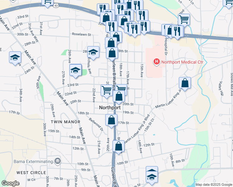 map of restaurants, bars, coffee shops, grocery stores, and more near 2114 18th Avenue in Northport