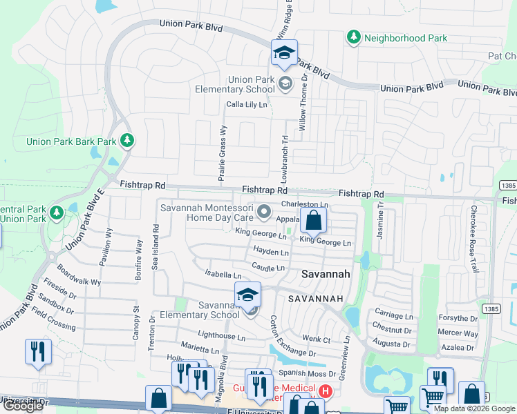 map of restaurants, bars, coffee shops, grocery stores, and more near 913 Charleston Lane in Denton County
