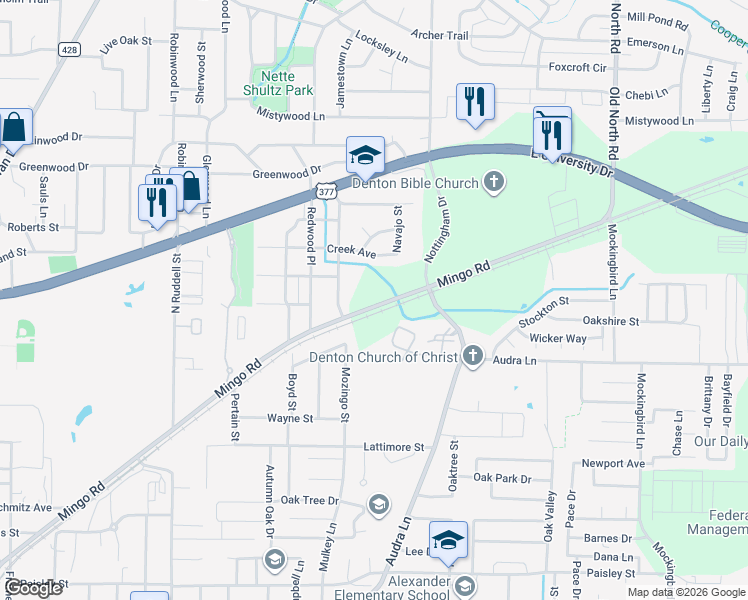 map of restaurants, bars, coffee shops, grocery stores, and more near 1914 Kiowa in Denton