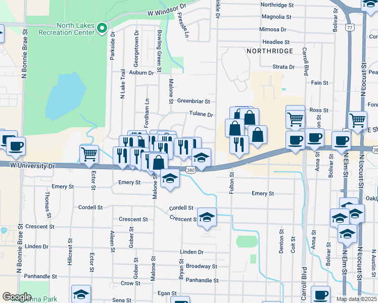 map of restaurants, bars, coffee shops, grocery stores, and more near 1317 Amherst Drive in Denton
