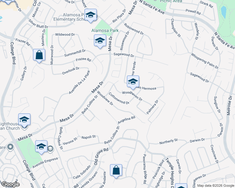 map of restaurants, bars, coffee shops, grocery stores, and more near 1301 Woodhaven Drive in Oceanside