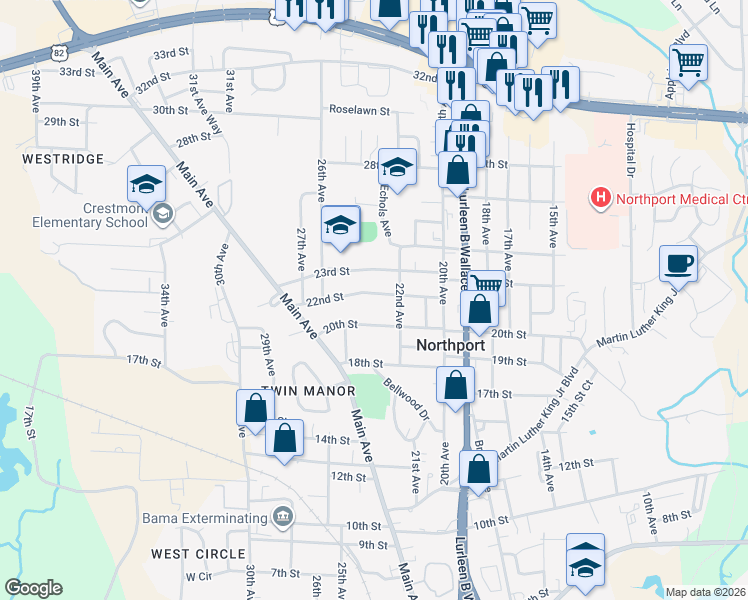 map of restaurants, bars, coffee shops, grocery stores, and more near 2302 22nd Street in Northport