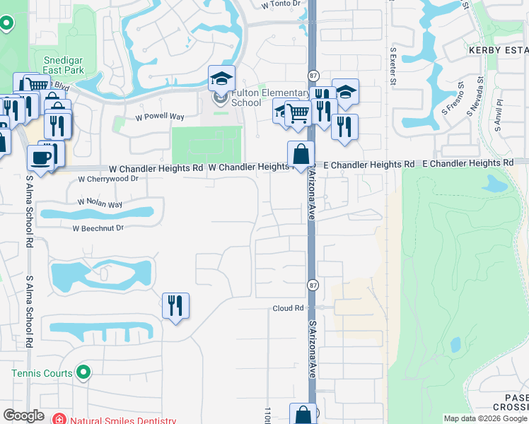 map of restaurants, bars, coffee shops, grocery stores, and more near 233 West Nolan Way in Chandler
