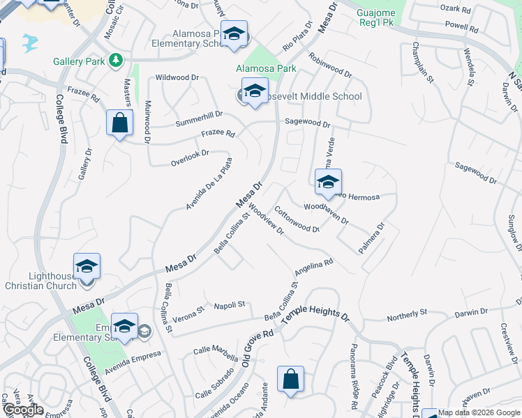 map of restaurants, bars, coffee shops, grocery stores, and more near 1201 Woodhaven Drive in Oceanside