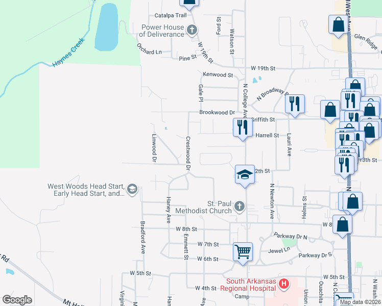 map of restaurants, bars, coffee shops, grocery stores, and more near 1219 Crestwood Drive in El Dorado