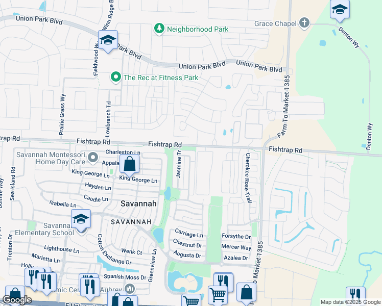 map of restaurants, bars, coffee shops, grocery stores, and more near 1425 Macon Drive in Denton County