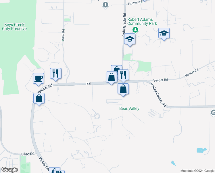map of restaurants, bars, coffee shops, grocery stores, and more near 29105 Valley Center Road in Valley Center