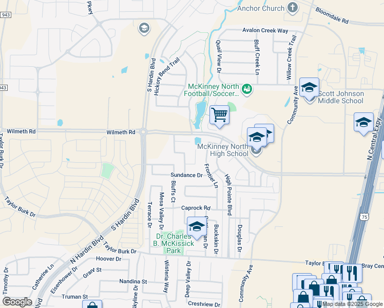 map of restaurants, bars, coffee shops, grocery stores, and more near 2817 Cliffview Drive in McKinney
