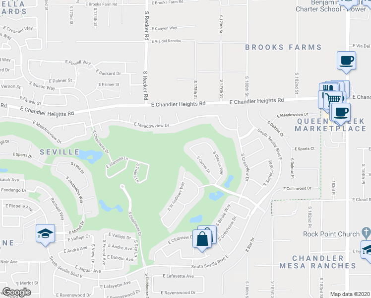 map of restaurants, bars, coffee shops, grocery stores, and more near 6574 South Cartier Drive in Gilbert