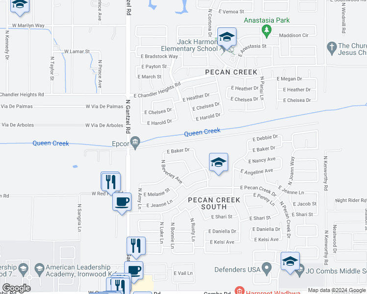 map of restaurants, bars, coffee shops, grocery stores, and more near 698 East Baker Drive in San Tan Valley