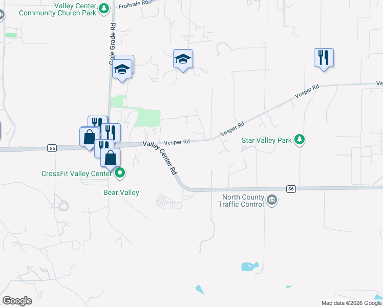 map of restaurants, bars, coffee shops, grocery stores, and more near 14561 Vesper Road in Valley Center