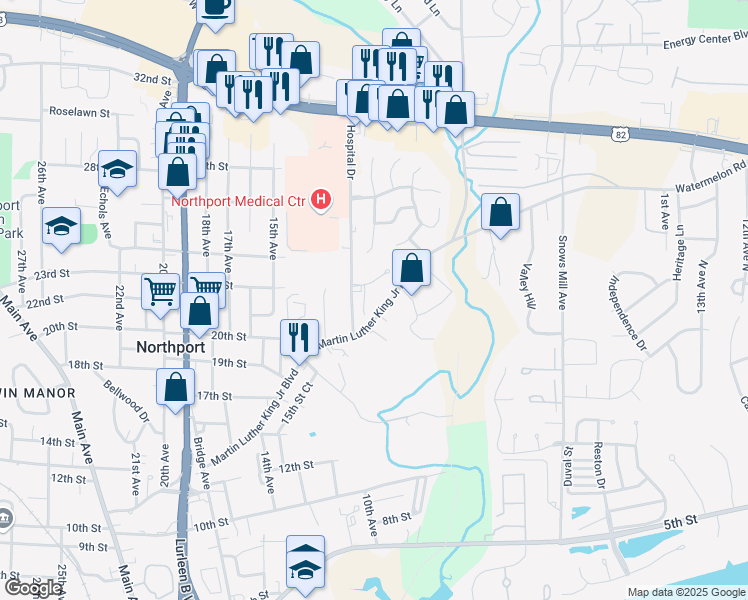 map of restaurants, bars, coffee shops, grocery stores, and more near 951 Rose Drive in Northport