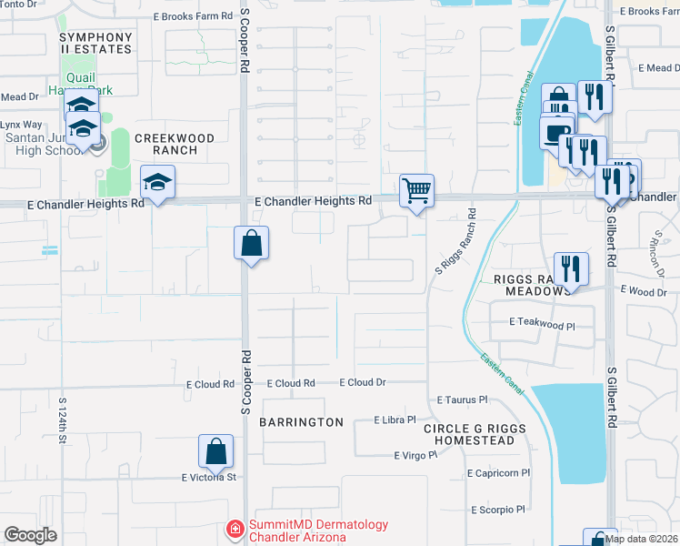 map of restaurants, bars, coffee shops, grocery stores, and more near 13158 East Vía De Palmas in Chandler
