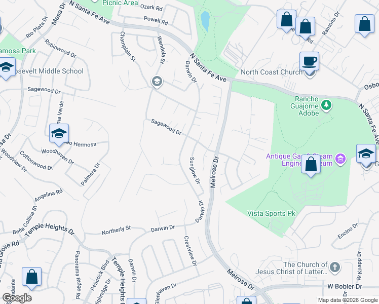 map of restaurants, bars, coffee shops, grocery stores, and more near 1219 Sunglow Drive in Oceanside