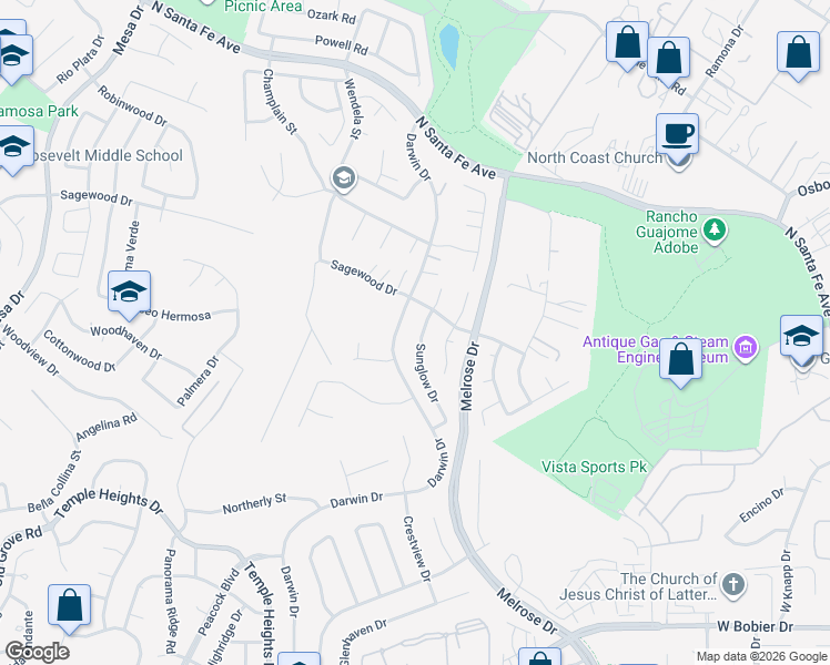 map of restaurants, bars, coffee shops, grocery stores, and more near 1219 Sunglow Drive in Oceanside