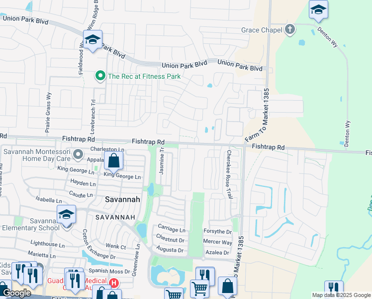 map of restaurants, bars, coffee shops, grocery stores, and more near 14864 Fishtrap Road in Aubrey