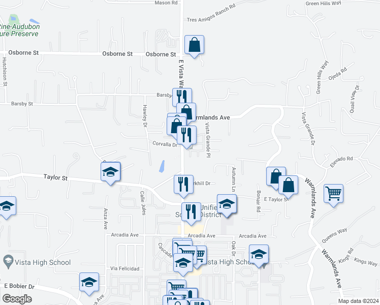 map of restaurants, bars, coffee shops, grocery stores, and more near Madrone Lane in Vista