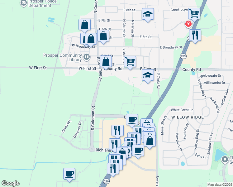 map of restaurants, bars, coffee shops, grocery stores, and more near 600 South Church Street in Prosper