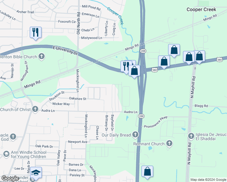 map of restaurants, bars, coffee shops, grocery stores, and more near 1400 Bayfield Drive in Denton