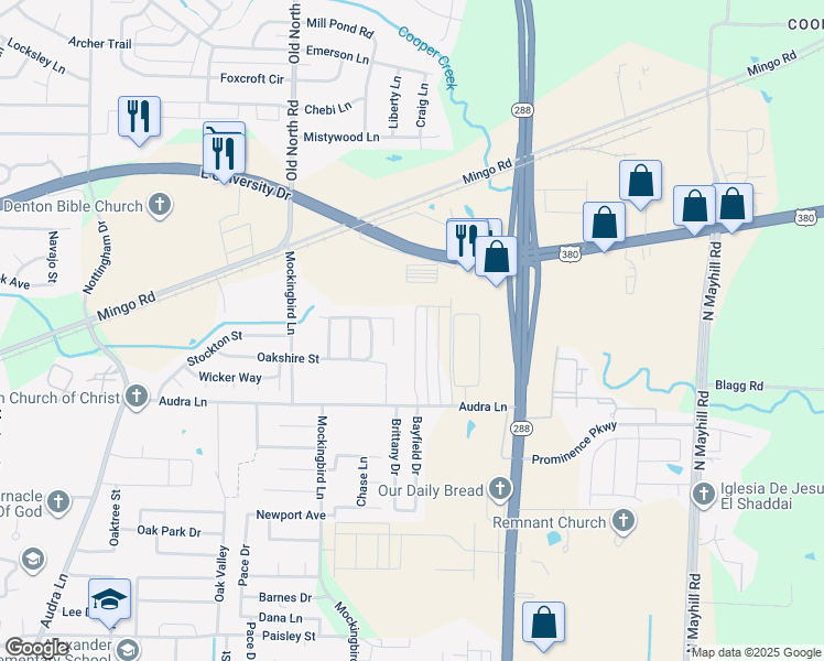 map of restaurants, bars, coffee shops, grocery stores, and more near 1327 Bayfield Drive in Denton