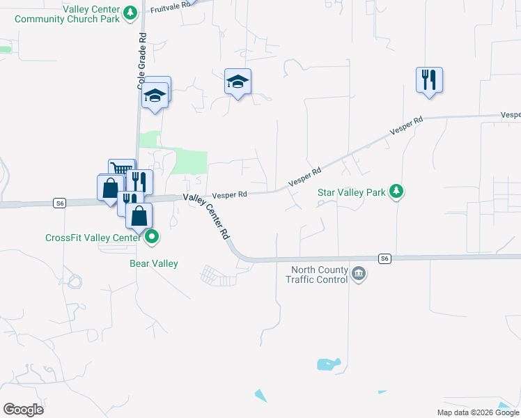 map of restaurants, bars, coffee shops, grocery stores, and more near 14561 Vesper Road in Valley Center