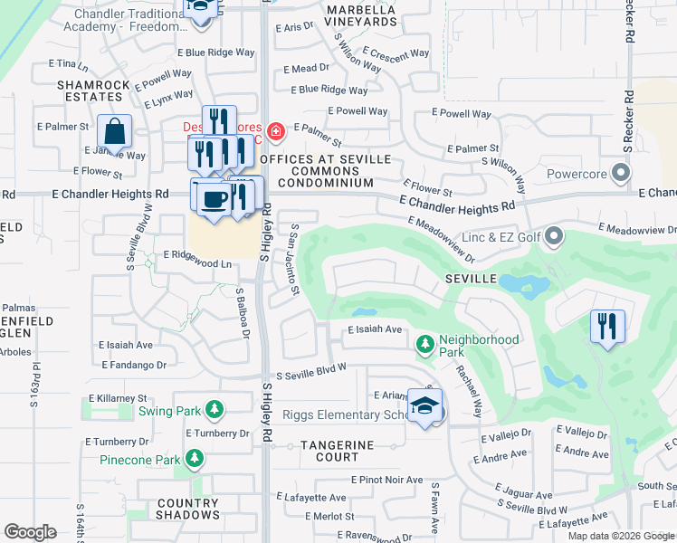 map of restaurants, bars, coffee shops, grocery stores, and more near 3359 East Virgil Drive in Gilbert